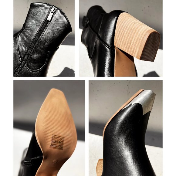 NEW Black PU Leather Metal Cap Toe Block Heel Cowgirl Cowboy Western Ankle Boots - Picture 10 of 14